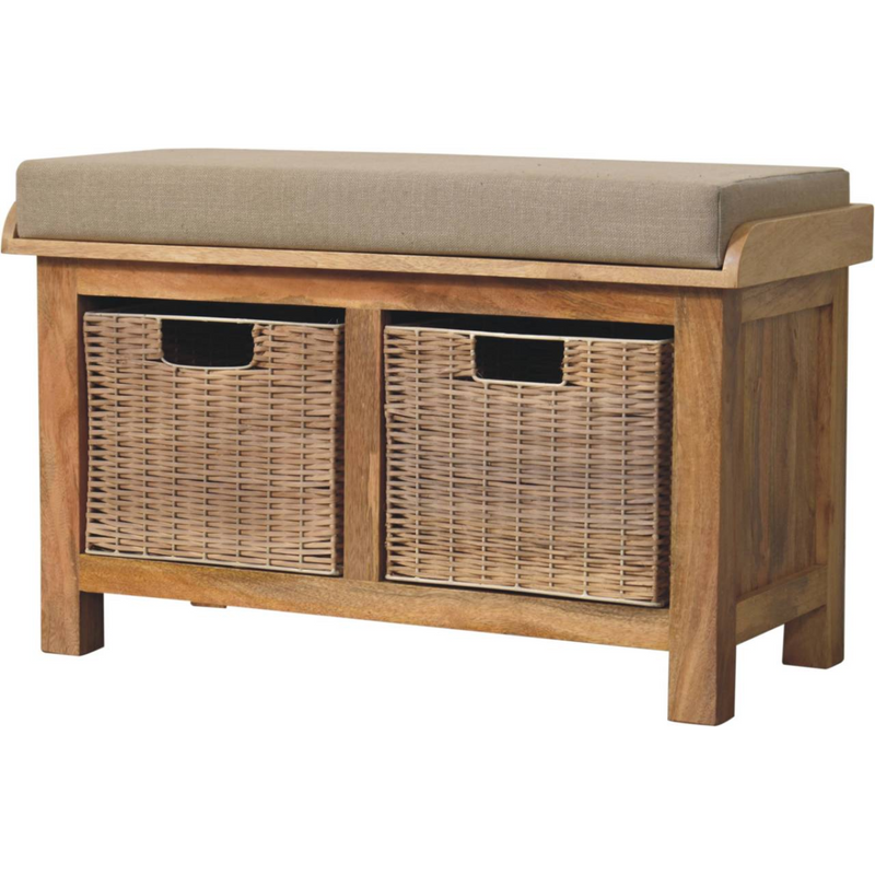 Artisan Furniture Solid Wood Rattan Basket Linen Bench