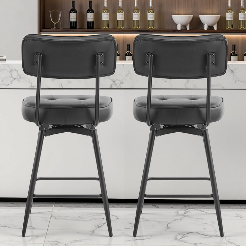 2 Pcs Black PU Swivel Bar Stools with Button-Tufted Backrest and Metal Legs