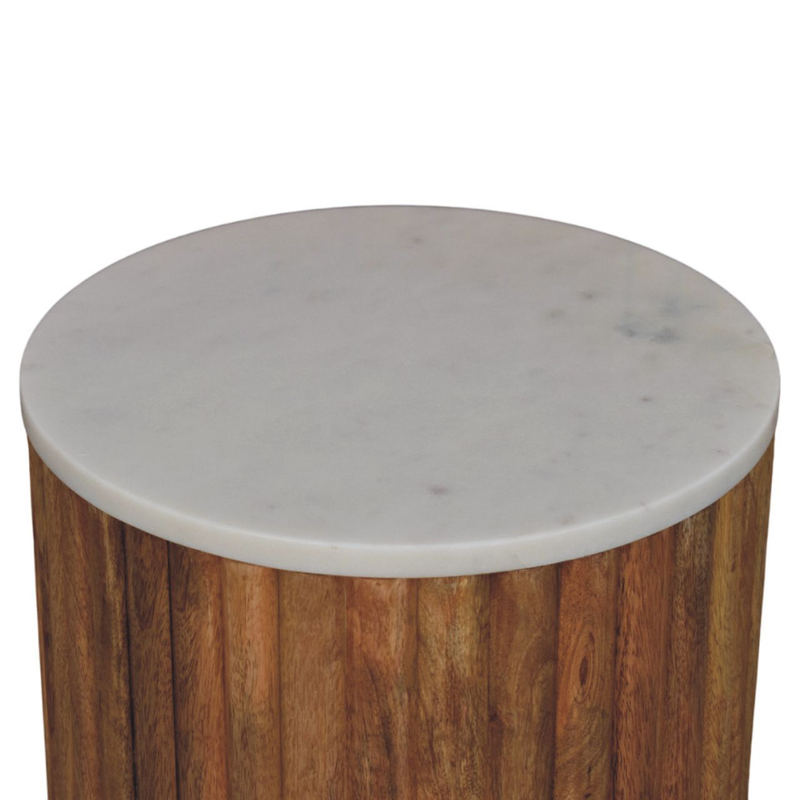 Artisan Furniture Solid Wood Fluted Marble Side Table, Brown & White