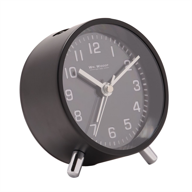 Wm.Widdop Round Alarm Clock Sweep Movement with Silver Hands & Feet - Black