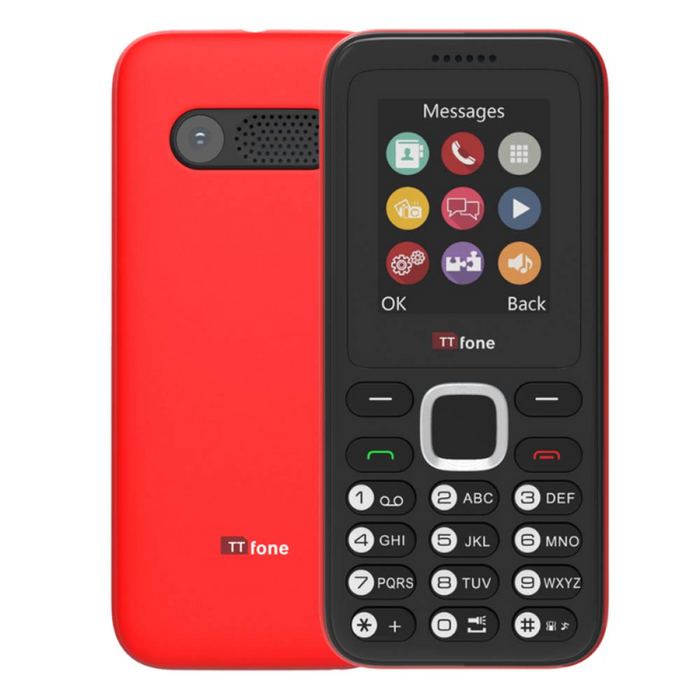 TTfone TT150 Unlocked Basic Mobile Phone UK Sim Free, Long Battery Life, Dual Sim with camera and games, easy to use, durable and light weight pay as you go - Red with Mains Charger and Vodafone Sim Card