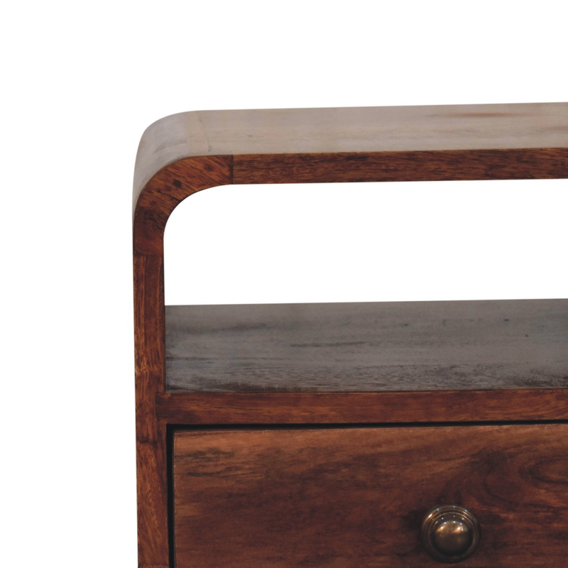 Artisan Furniture Solid Wood Mini Honey Caramel Curved Bedside, Drawer And Open Slot, Brown