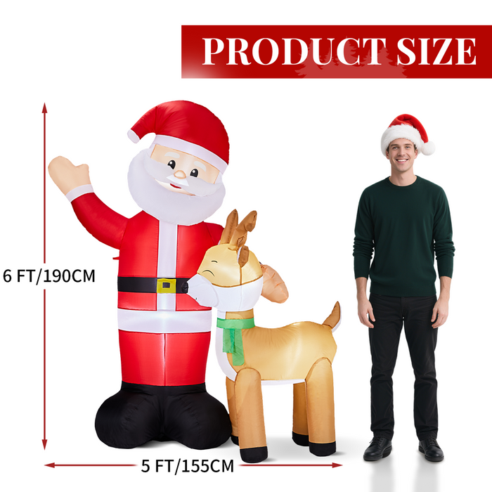 1.9M Lighted Christmas Inflatable Decoration, Inflatable Santa and Reindeer, Funny Blow Up Yard Decorations with Built-in LED Lights for Holiday Party Front Yard Lawn Garden Decor