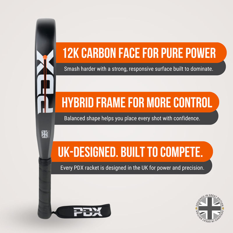 PDX Furia Pro Padel Racket | Complimentary Racket Carrier Bag | Full Carbon Fibre 12K Face | 355g Hybrid | Power