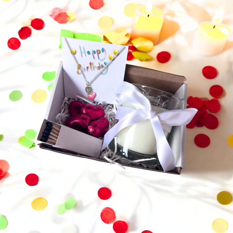 Small Happy Birthday Gift Hamper - Cubic Zirconia Heart Necklace, Chocolates & Candle