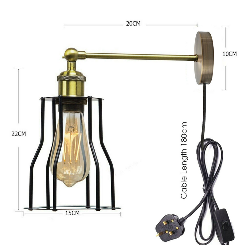 Black Industrial Plug-In Wall Sconce with Dimmer Adjustable Arm Lamp~2259