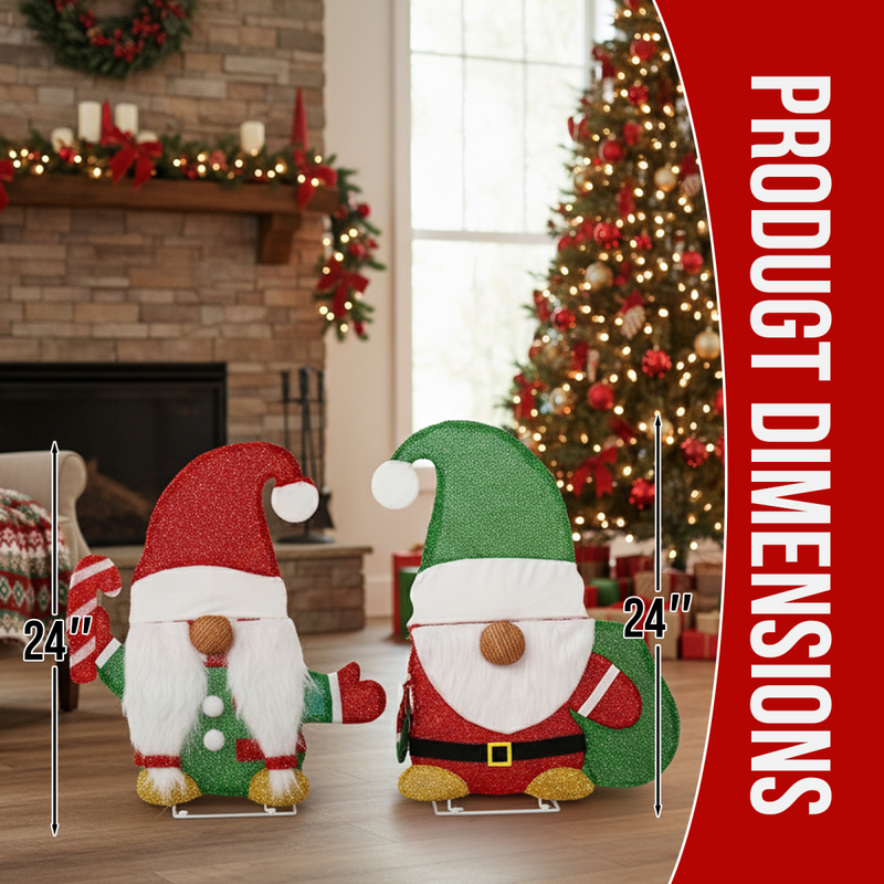 Set of 2 Lighted Gnome and Candy Cane Christmas Decorations, Pre-lit 2D Holiday Decor with 80 Warm White LED Lights for Xmas Outdoor Indoor Decor Lighted Holiday Displays