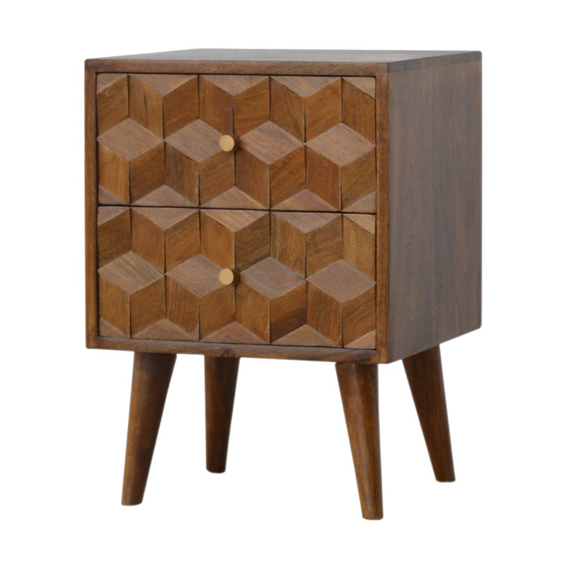 Artisan Furniture Solid Wood Chestnut Cube Carved Bedside