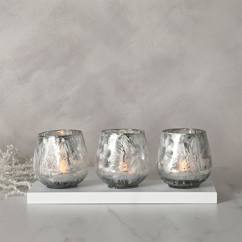 Set of 3 Frosted Haven Votives on White Wood Tray