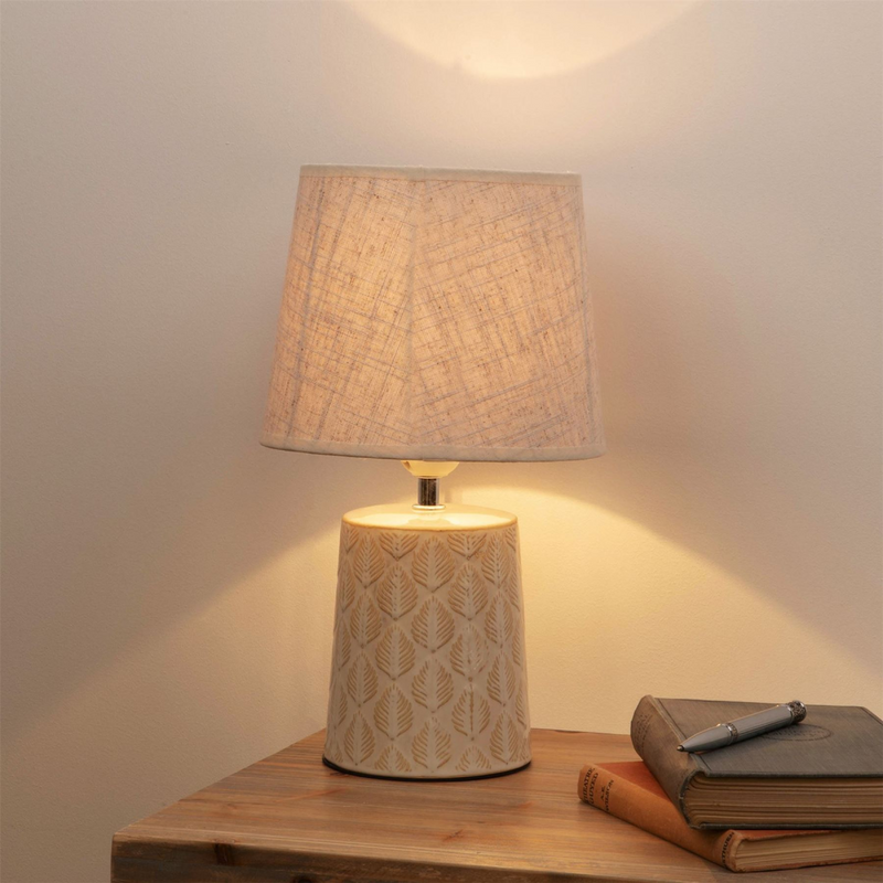Leaf Print Table Lamp with Beige Linen Shade *(8/6)*