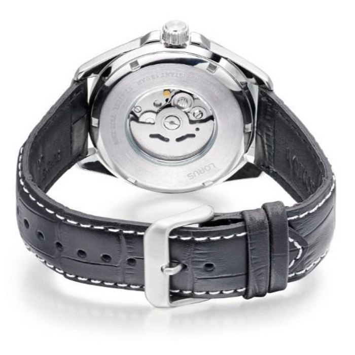 Lorus Mens Automatic Date Black Dial Black Leather strap Watch RU411AX9