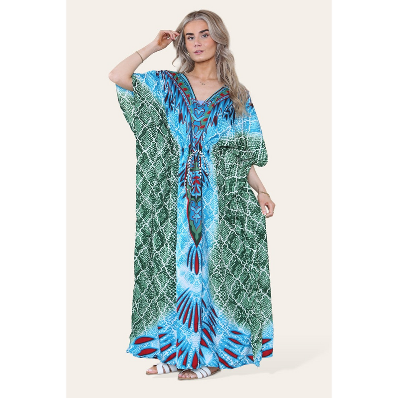 Elegant Long Caftan with Vibrant Green Geometric Print and Adjustable Cinched Waist
