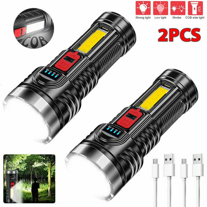 2pack USB Rechargeable LED Flashlight 4-Modes Camping Hiking Torch Work Light