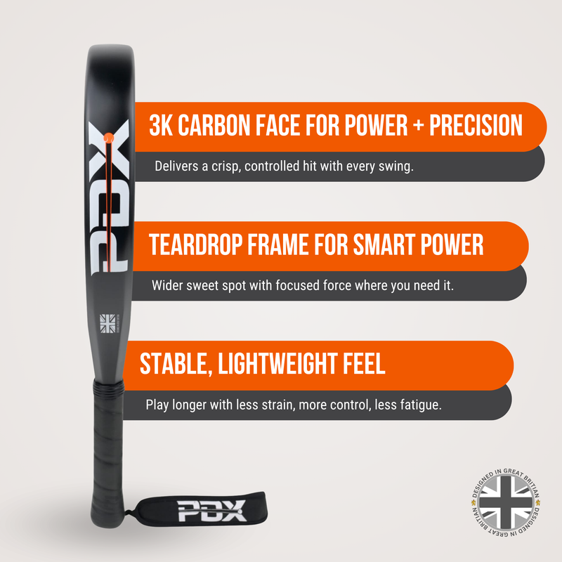 PDX Tormenta Intermediate Padel Racket | Complimentary Racket Carrier Bag | Full Carbon Fibre | 365g Diamond | Power