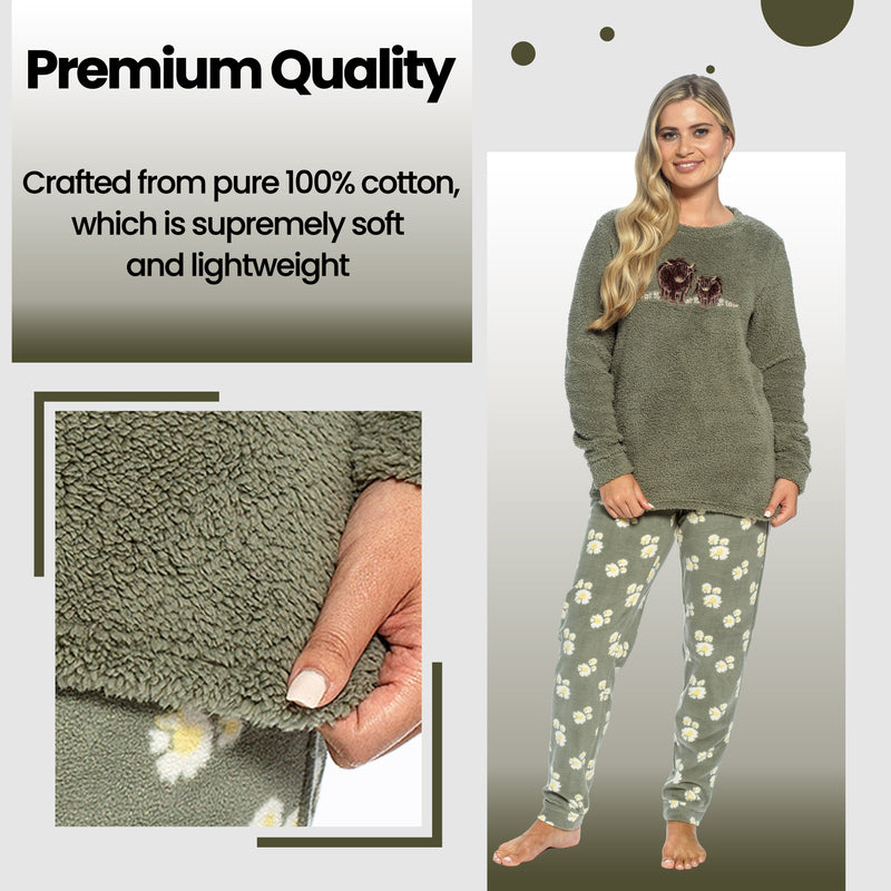 Women's Highland Cow Cotton Jersey Pyjama Set Long Sleeve Lounge Wear PJs with Elasticated Waistband by Daisy Dreamer