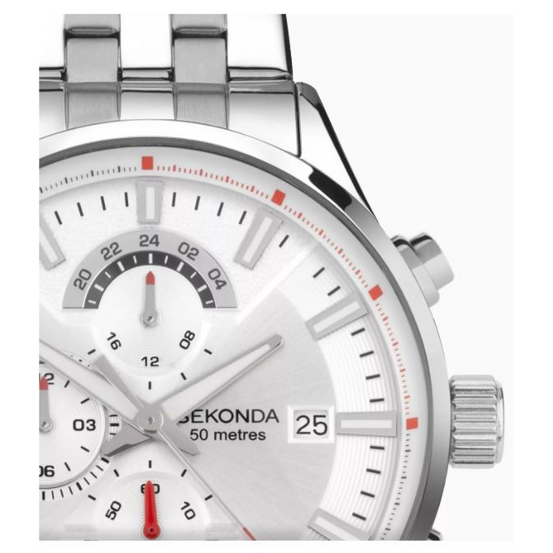 Sekonda Mens Chronograph 44mm Date Silver-White Dial With Stainless Steel Silver Bracelet Watch 30109