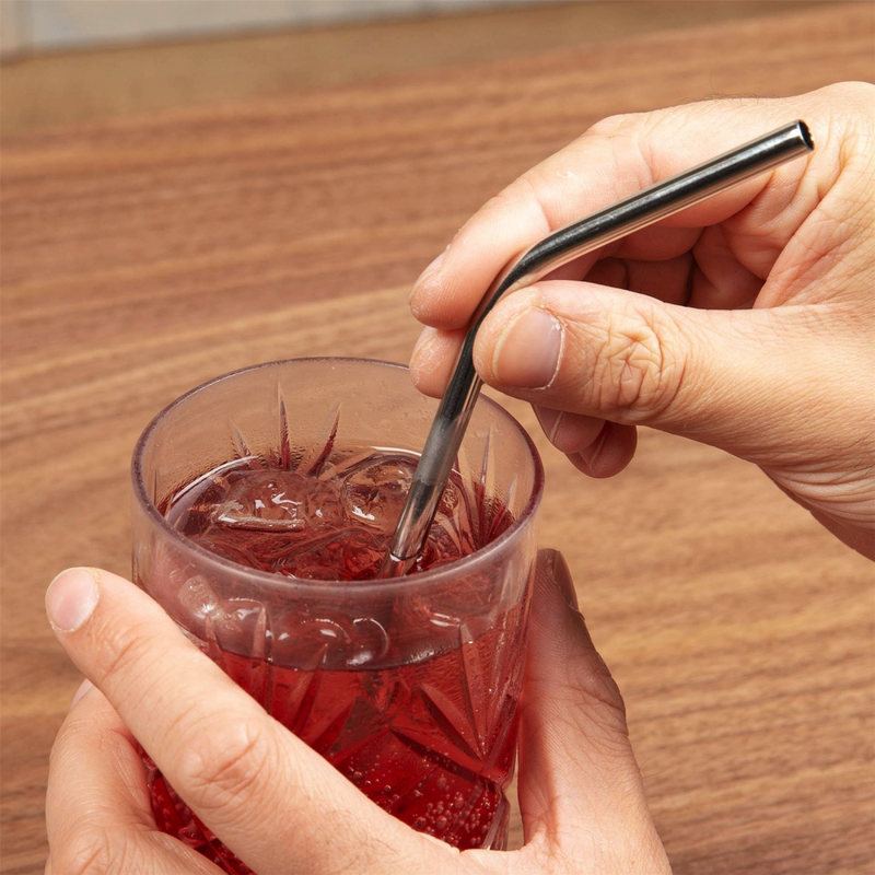 Set of 6 Curved Steel Drinking Straws & Brush 22cm