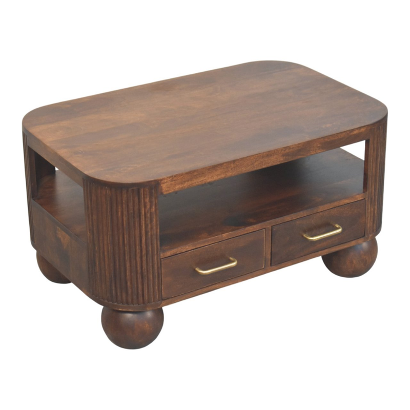 Artisan Furniture Solid Wood Sphere Leg Coffee Table, 2 Drawers And Open Slot, Dark Brown