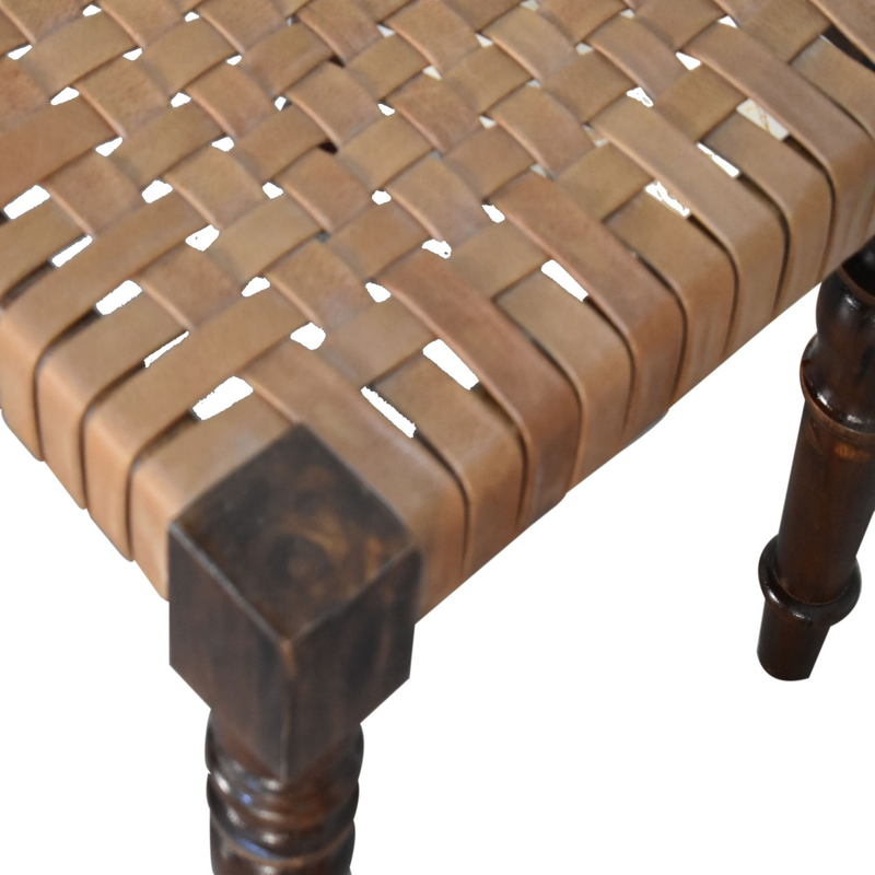Artisan Furniture Solid Wood Woven Leather Footstool, Brown