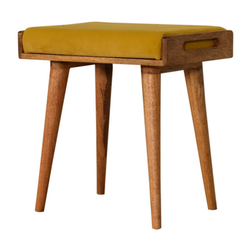 Artisan Furniture Solid Mango Wood Mustard Velvet Tray Style Footstool