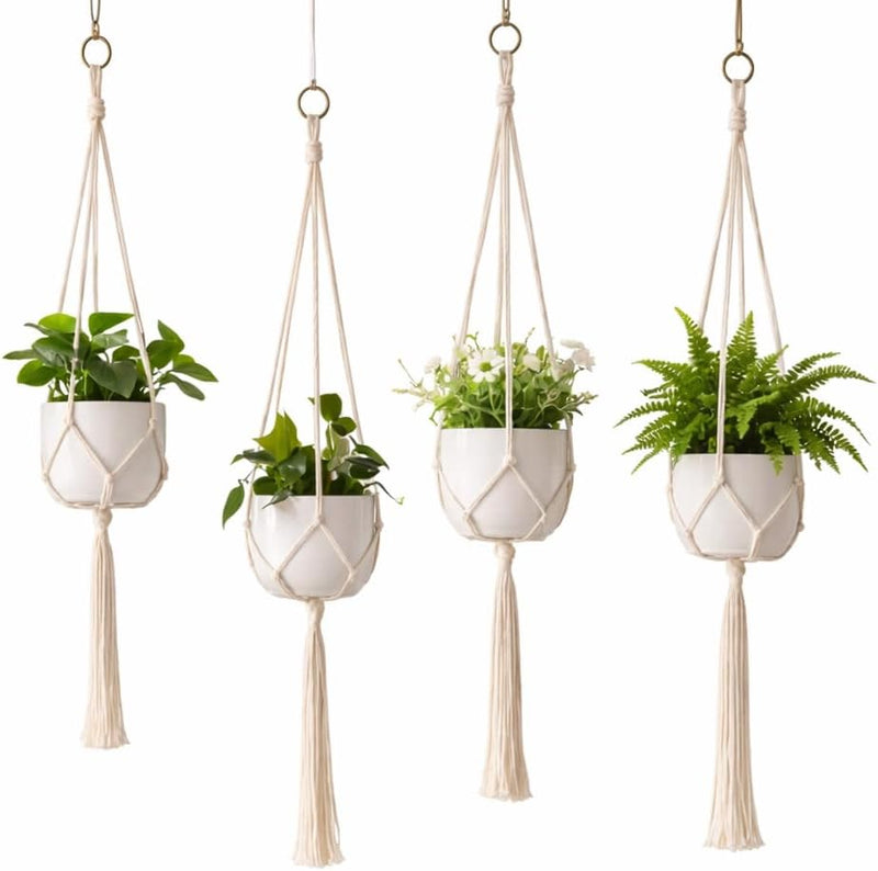 4 Pack Macrame Plant Hangers with Hooks for Indoor & Outdoor Pots