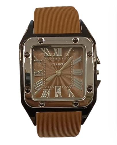 Clasico Ladies Dated Water Resistant Square Dial Brown Rubber Strap Watch