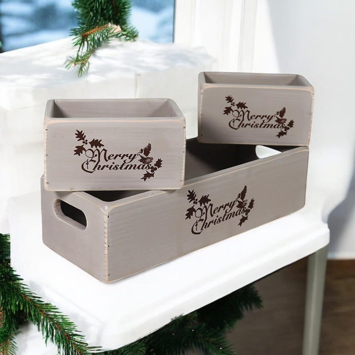 34/15/15CM SET 3 RUSTIC GREY WOODEN BOXES