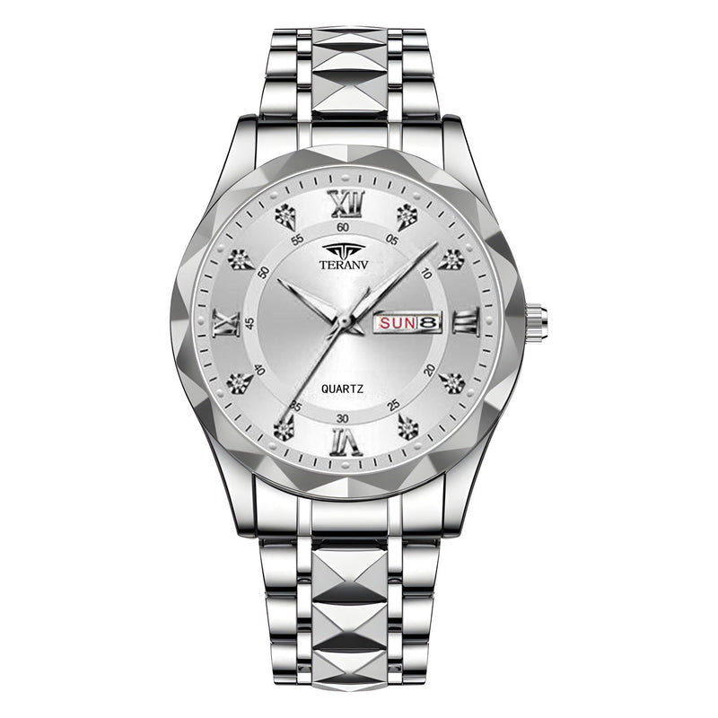 Men's Diamond Shell Calendar Watch - Stainless Steel Luxury Timepiece