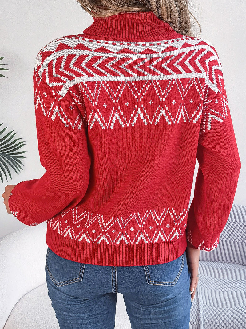 Women Ethnic Style Vintage Jacquard Lantern Sleeve Turtleneck Sweater