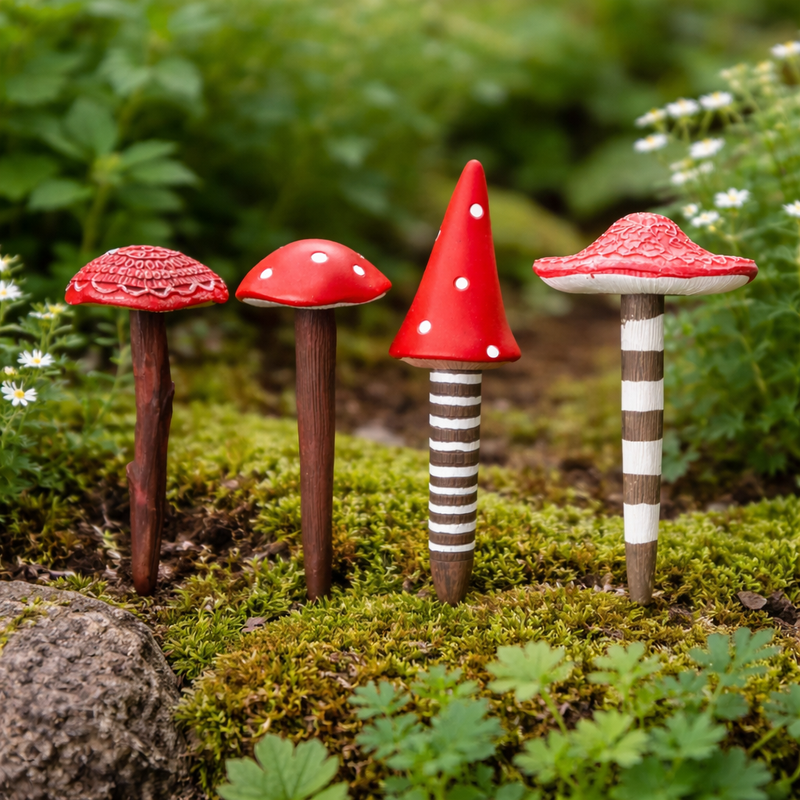 4pc Red Toadstool Miniature Garden Ornaments Resin Mushroom Set