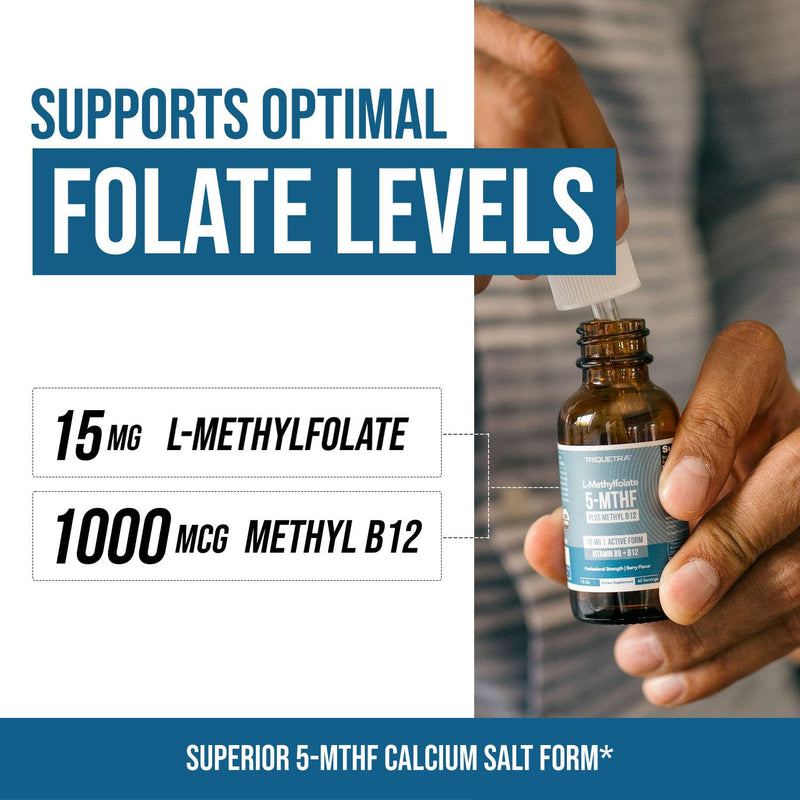 L-Methyl Folate 15mg + Methyl B12 Cofactor – Organic Berry Flavor, High Potency Liquid Sublingual 5-MTHF Calcium Salt | Supports Mood, Methylation & Cognition (1oz)