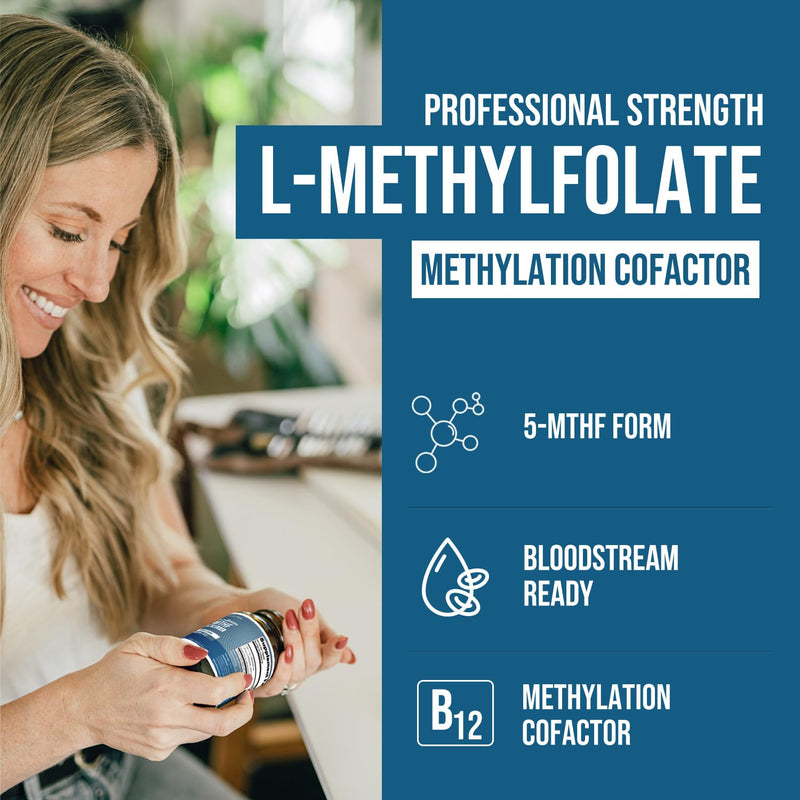 L Methylfolate 7.5mg + Methyl B12 (5-MTHF) - MTHFR Supplement - Bloodstream Ready Folate + B12 Cofactor - 60 Capsules