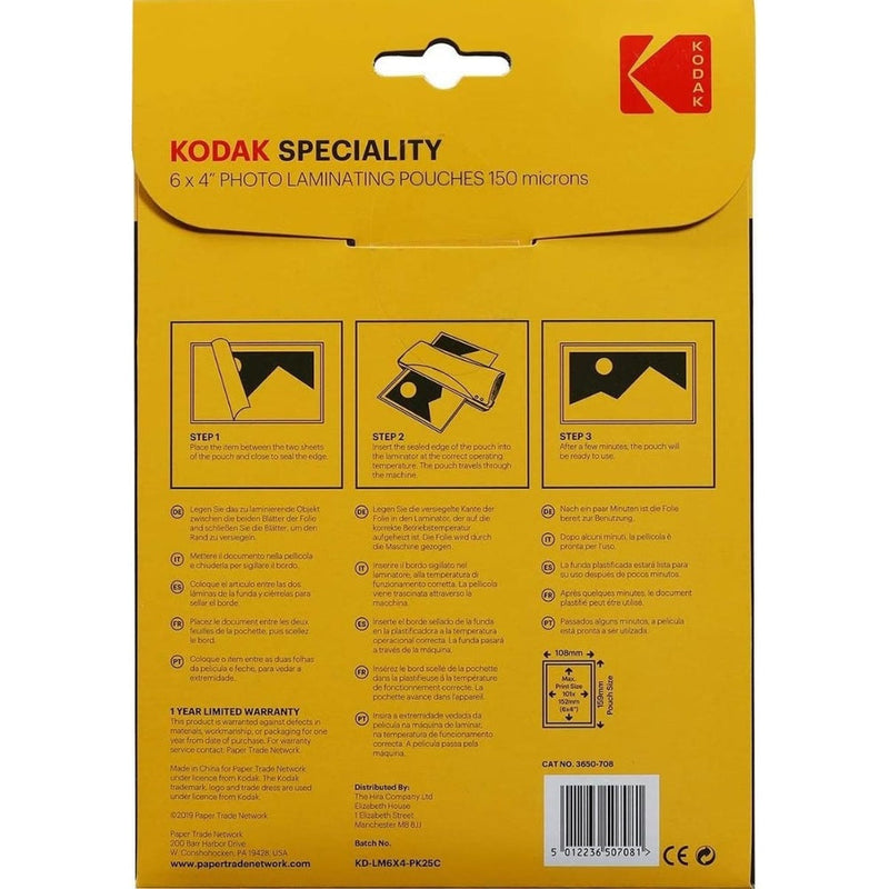 Kodak Speciality 6x4 Photo Laminating Pouches - 150 Micron 25 Pack
