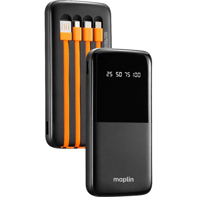 Maplin 10000mAh Slim Power Bank with Integrated Lightning, USB-C, USB-A & Micro USB Cables