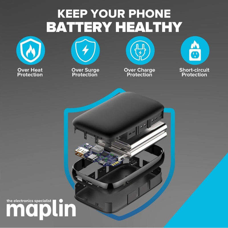 Maplin 10000mAh Slim Power Bank with Integrated Lightning, USB-C, USB-A & Micro USB Cables