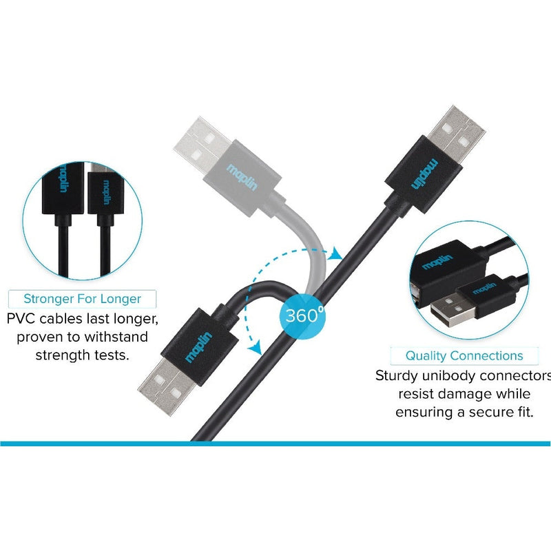 Maplin USB-A Male to USB-A Female Extension Cable - Black - 0.5m