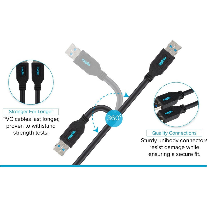 Maplin USB-A Male to USB-A Male Cable V3.0 5Gbps Charge and Data 3m Black
