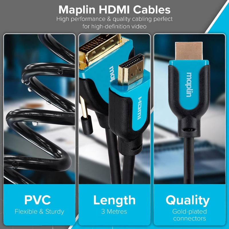 Maplin DVI-D Dual Link 24 + 1 Pin to HDMI Cable 3m Black
