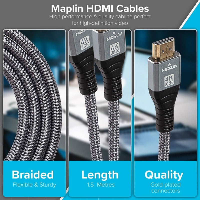 Maplin HDMI to HDMI Cable V2.0 4K Ultra HD 60fps Braided with Ethernet - 1.5m