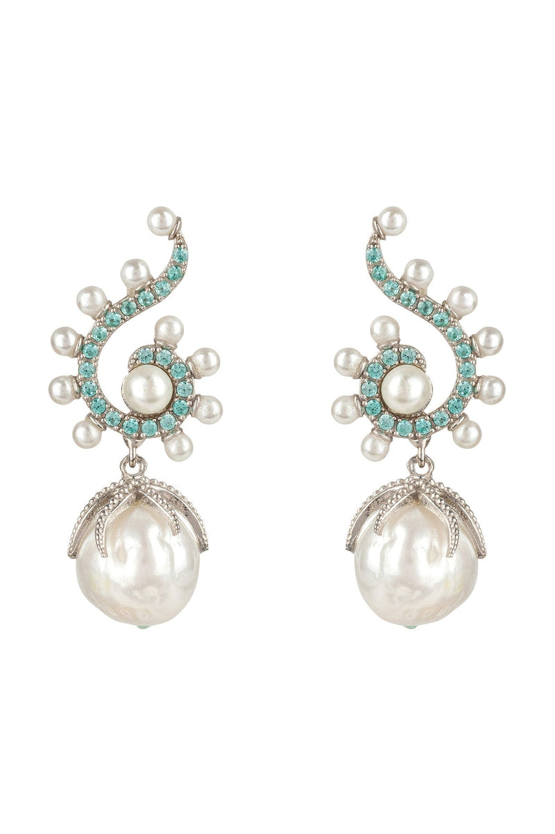 Baroque Pearl Poseidon Gemstone Drop Earrings Aqua Silver