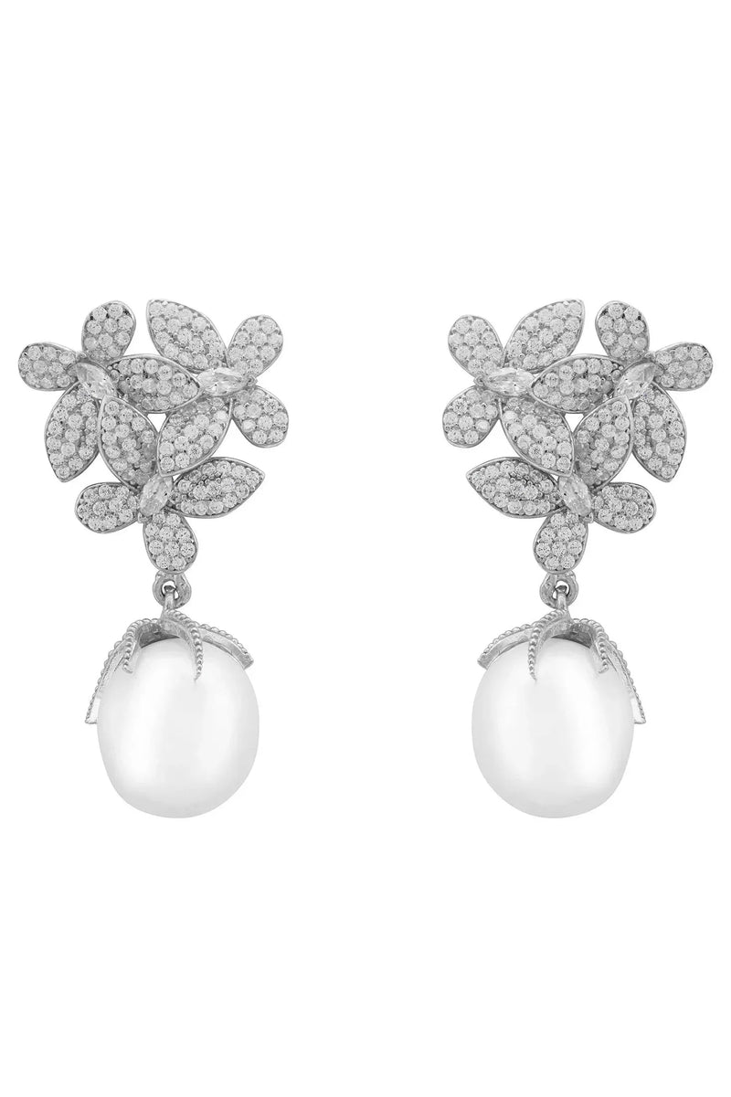 Flowers Pearl Earrings Silver White