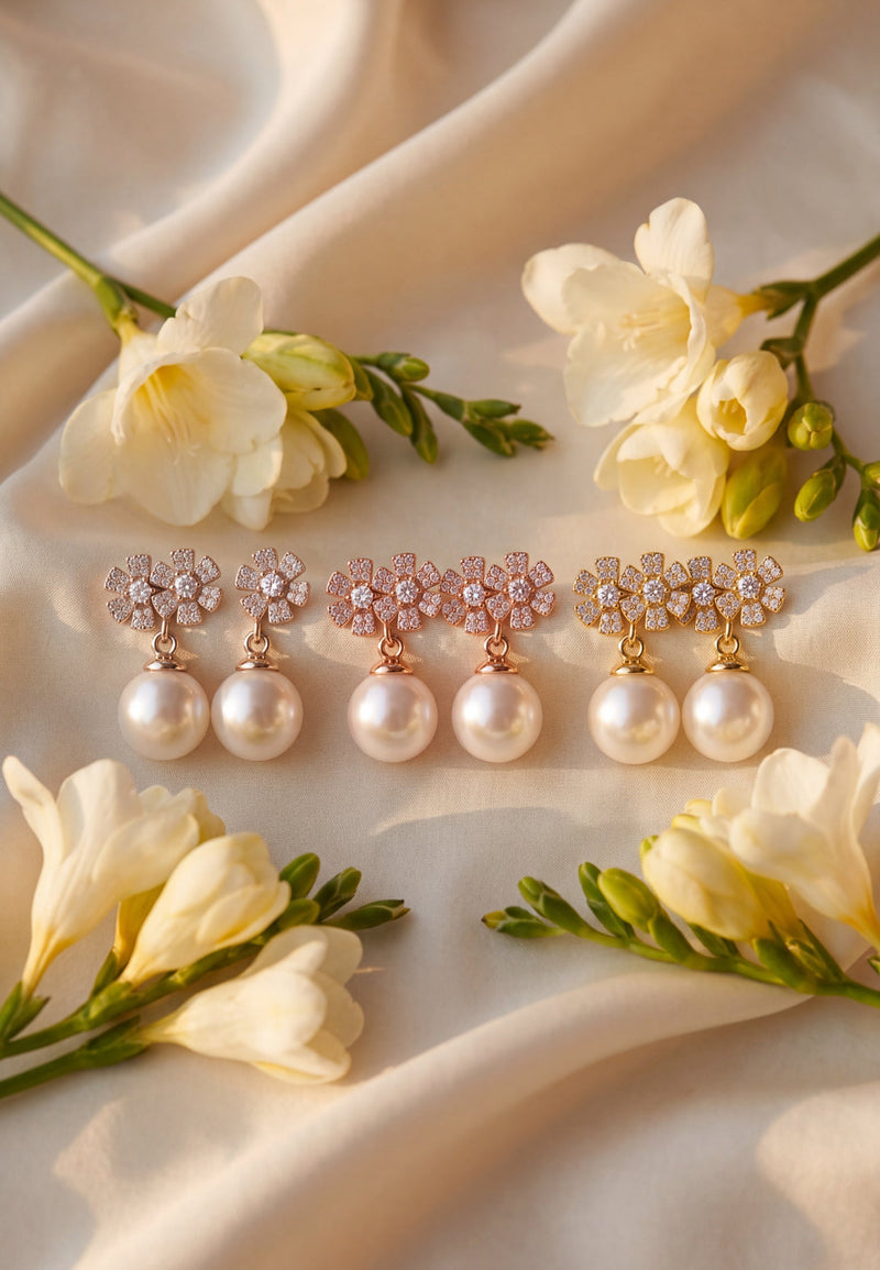 Bouquet And Pearl Drop Earrings Rosegold