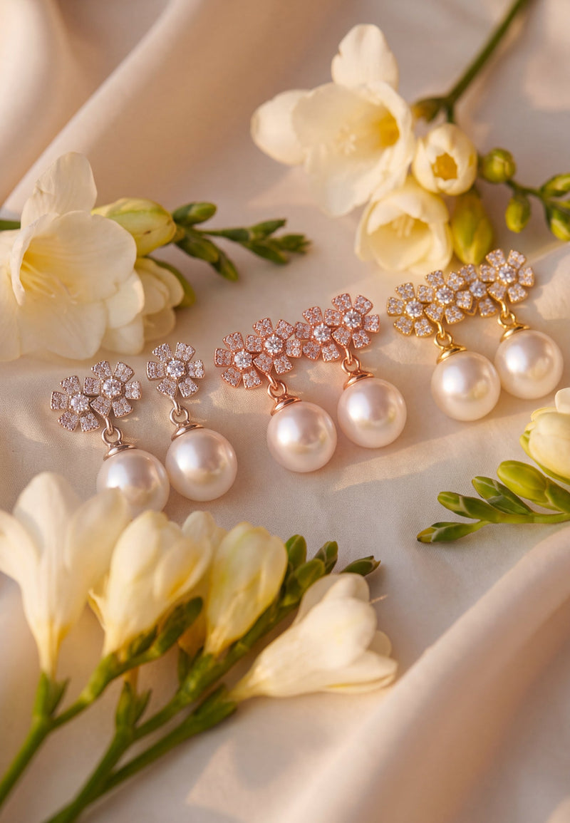 Bouquet And Pearl Drop Earrings Rosegold