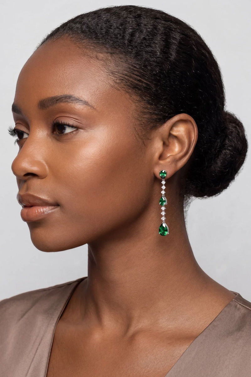 Elizabeth Drop Earrings Emerald Silver