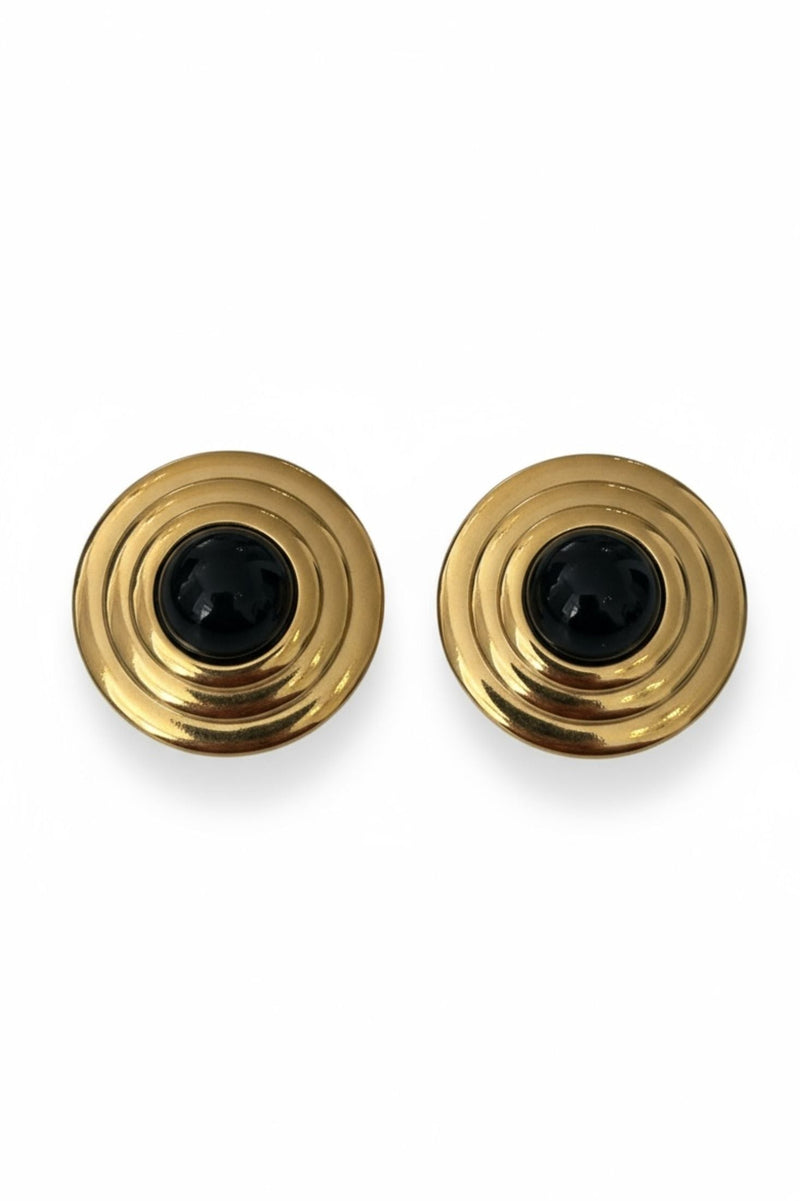 Como Large Round Stud Earrings Onyx Gold