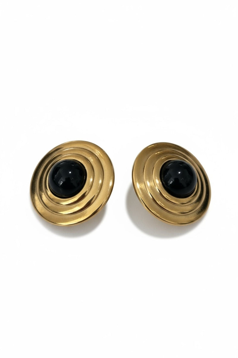 Como Large Round Stud Earrings Onyx Gold