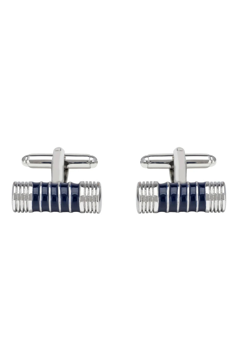 Cylindrical Blue Black Enamel Cufflink Silver