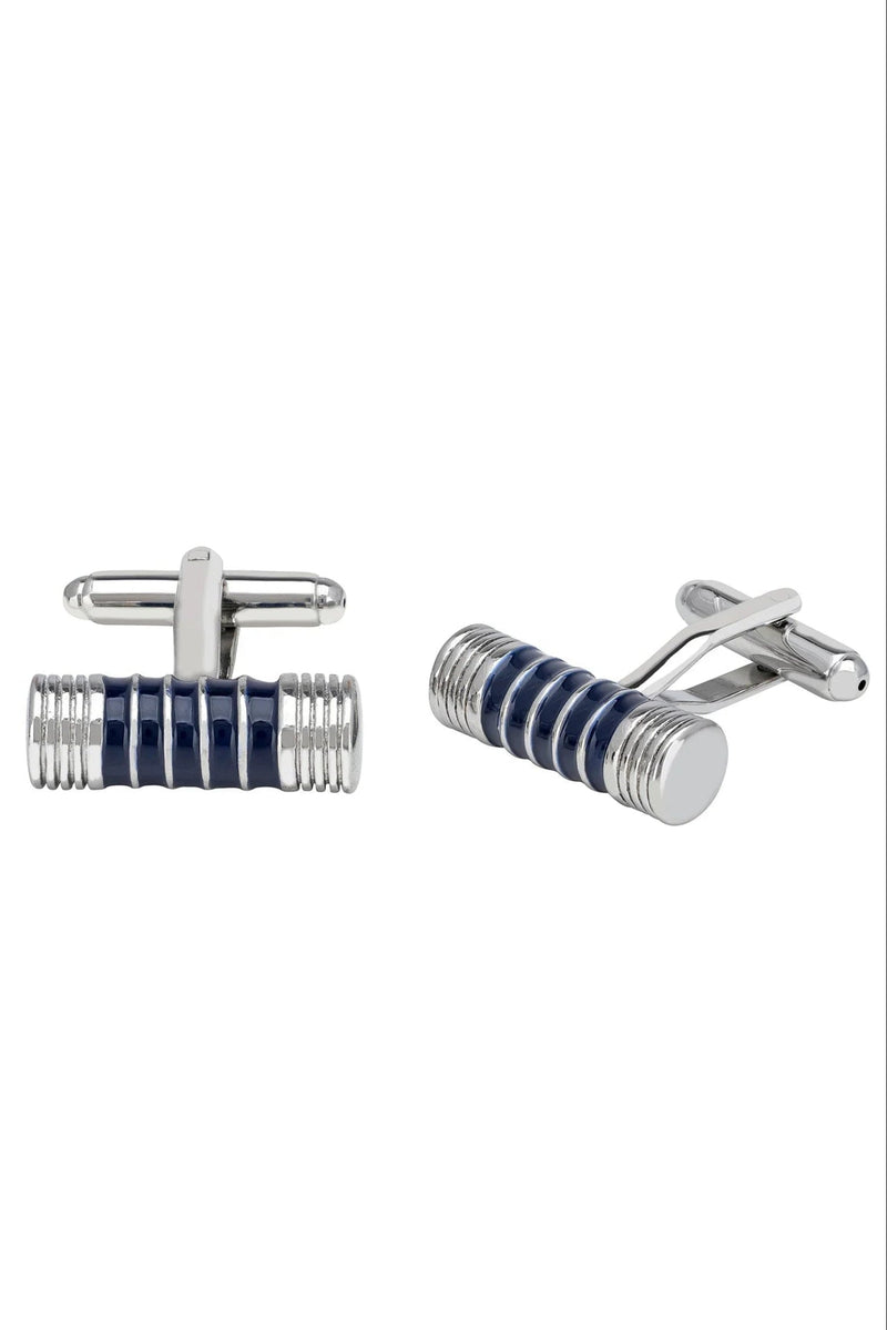 Cylindrical Blue Black Enamel Cufflink Silver