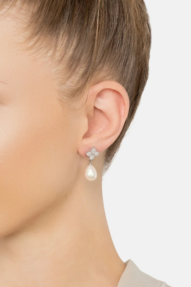 Clover Flower Pearl Drop Cz Earrings Silver