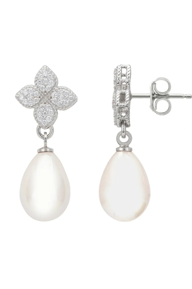 Clover Flower Pearl Drop Cz Earrings Silver